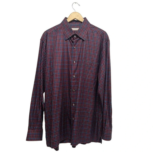 Ermenegildo Zegna Casual Button Down Shirt Red With Blue Plaid Italy Size XXL - Picture 3 of 9